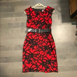Red and Black Belted Cocktail Dress (just below the knee)